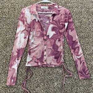 Skonhet Y2K Sheer Button Down Shirt Ruched Sides Marbled Pink Print Womens Small